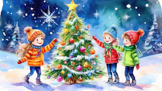 Watercolour drawing with children playing in the snow. Holiday card in retro style with New Year winter mood 