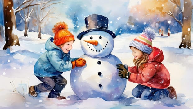 Watercolour drawing with children playing in the snow. Holiday card in retro style with New Year winter mood 