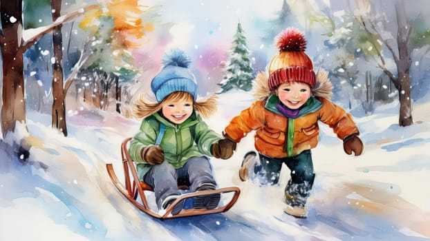 Watercolour drawing with children playing in the snow. Holiday card in retro style with New Year winter mood 