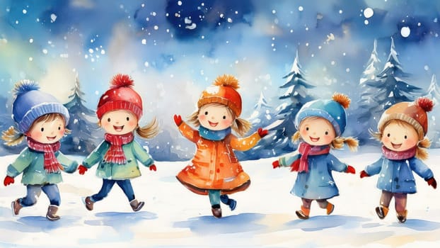 Watercolour drawing with children playing in the snow. Holiday card in retro style with New Year winter mood 