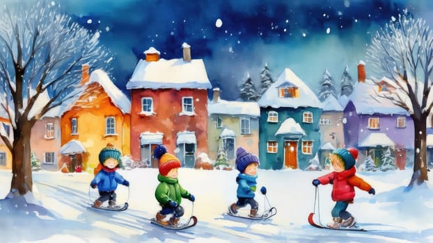 Watercolour drawing with children playing in the snow. Holiday card in retro style with New Year winter mood 