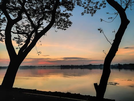 Silhouetted trees frame a serene lake reflecting a soft sunset, creating a tranquil and picturesque mood. The still water mirrors the sky's warm hues, enhancing the peaceful atmosphere.