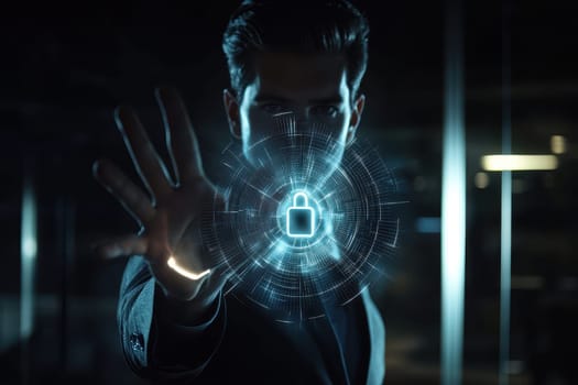 A businessman in a sleek suit interacts with a holographic security lock symbol, embodying the concepts of digital safety and technological advancement in a corporate setting.