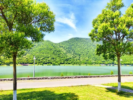 Lush green trees line a serene lake, reflecting the mountains under a clear blue sky on a sunny afternoon.