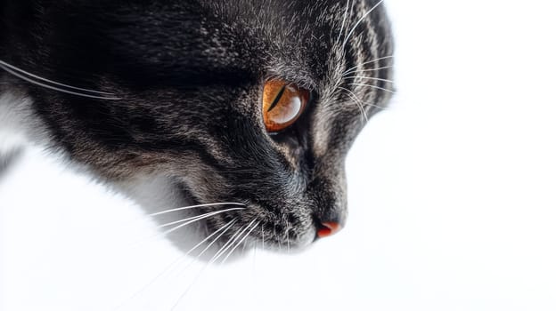 Close-up of a tabby cat with orange eyes against white background. Pet and animal portrait concept.