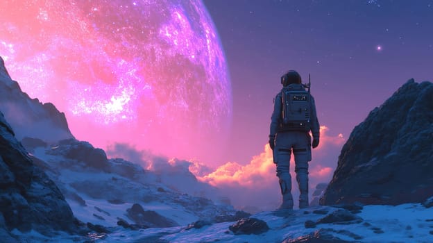 An astronaut stands on a rocky terrain, gazing at a vast pink and purple planet looming in the sky. The landscape features snow and mountains, creating an otherworldly feel.