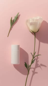White cosmetic deodorant and rose on pink background, minimalistic beauty concept.