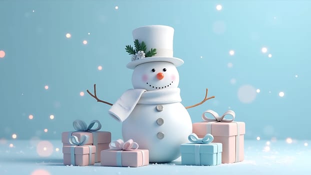 A snowman is standing in front of a pile of presents. The snowman is wearing a hat and scarf, and the presents are wrapped in colorful paper. Concept of joy and celebration, as the snowman