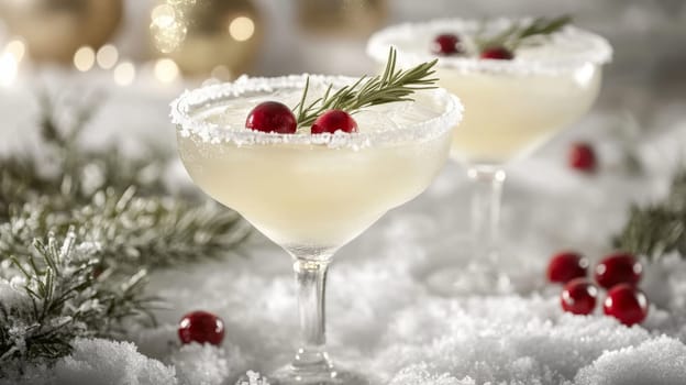 Festive holiday cocktail with cranberries and rosemary in snowy setting.