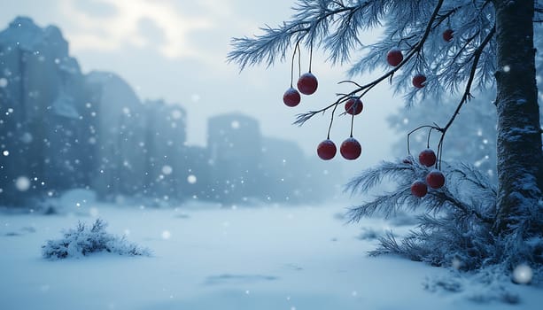 Winter background with red berries in snow