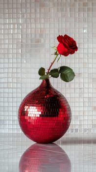Red rose in a reflective disco ball vase on a tiled background.