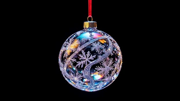 A clear glass ornament with snowflakes on it. The ornament is hanging from a red ribbon