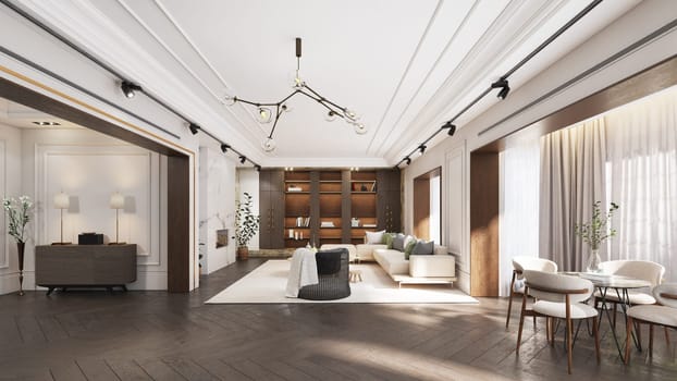 Elegant living room with modern furniture, warm lighting, and wooden floor. 3d render