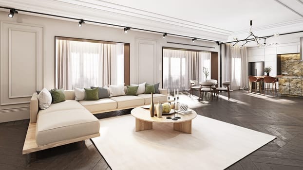 Elegant living room with modern furniture, warm lighting, and wooden floor. 3d render