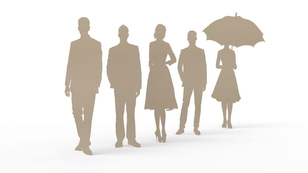 Silhouettes of business people walking with an umbrella. 3d rendering