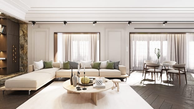 Elegant living room with modern furniture, warm lighting, and wooden floor. 3d render
