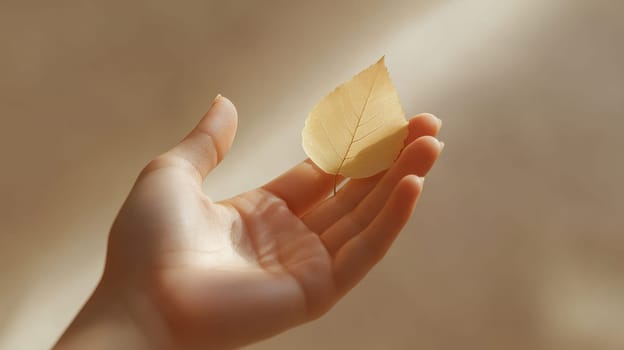 Hand holding a yellow leaf in soft sunlight, warm and serene moment. Nature and tranquility concept.