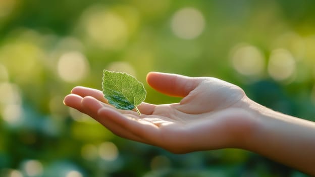 Hand gently holding a green leaf, nature and tranquility concept.