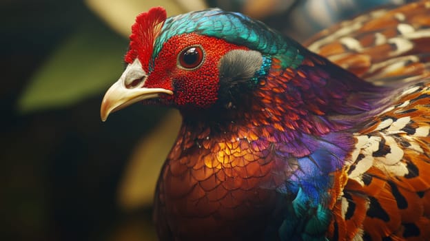 Close-up of colorful pheasant with vibrant plumage and feather details, wildlife portrait. Nature and wildlife photography concept.