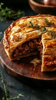 Golden baked meat pie with flaky crust on wooden board. Comfort food and homemade cuisine concept.