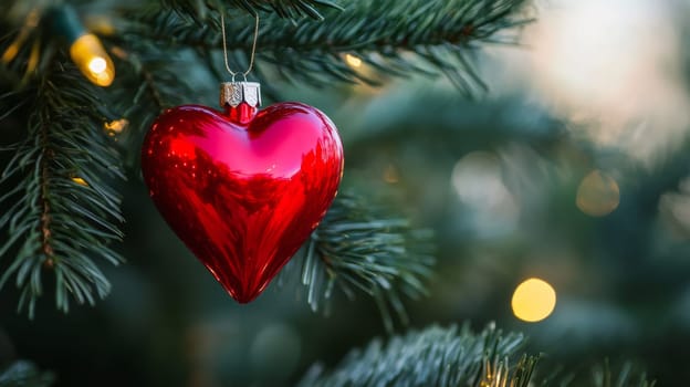 Red heart shaped ornament on christmas tree branch with lights, festive holiday decoration concept.