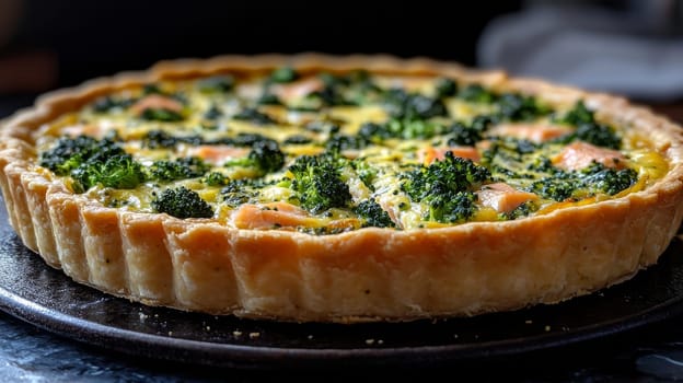 Broccoli and salmon quiche on a dark background, homemade food concept.