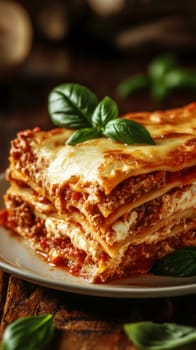 Delicious homemade lasagna with basil garnish, food photography. Italian cuisine and comfort food concept.