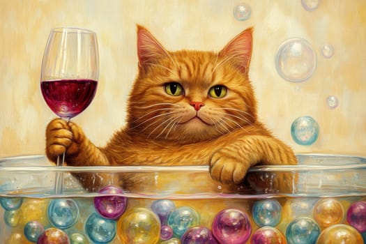 A charming ginger cat luxuriates in a bubbly bath, holding a glass of red wine, exuding a whimsical and cheerful atmosphere that celebrates relaxation and indulgence.