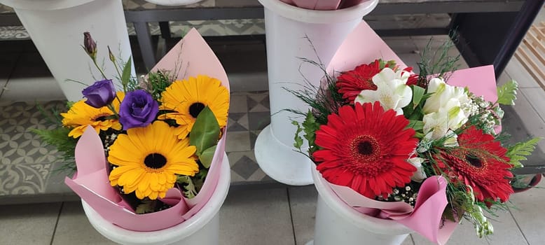 pink and yellow , red white gerbera beautiful flowers, petals plants, flora botanical variety floristry, stems nature. High quality photo