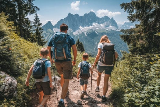 A family enjoys a picturesque hike through rugged mountains under a vibrant sky, capturing precious moments of togetherness and adventure amidst lush nature.