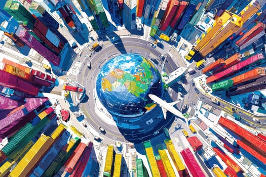 Explore a stunning aerial view of a vibrant urban landscape featuring a globe surrounded by colorful shipping containers and an airplane soaring above the city, symbolizing global transport.