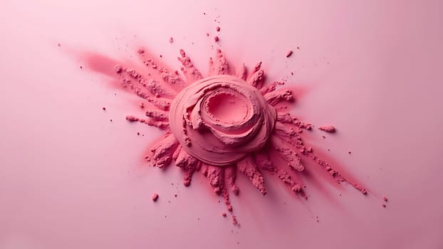 A pink powdery substance is spread out on a pink background. The powder is in the shape of a flower