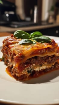 Close-up of a delicious homemade lasagna slice on a white plate. Italian cuisine and comfort food concept.