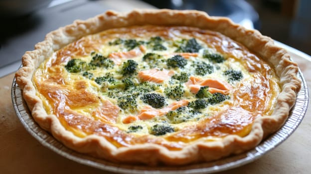 Broccoli and salmon quiche on wooden table, savory pastry and gourmet cuisine concept.