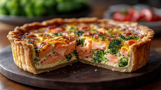 Savory salmon and broccoli quiche, close-up view. Delicious homemade baking and culinary concept.