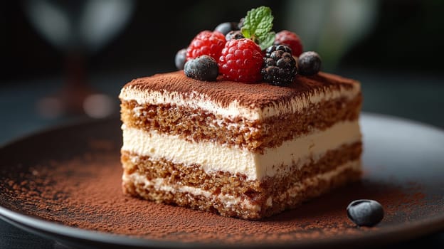 Tiramisu dessert topped with fresh berries, close-up view. Gourmet food and indulgence concept.