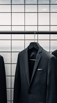 Black suit jacket hanging on rack against tiled wall.