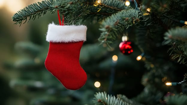 Red christmas stocking hanging on decorated tree, festive holiday concept.