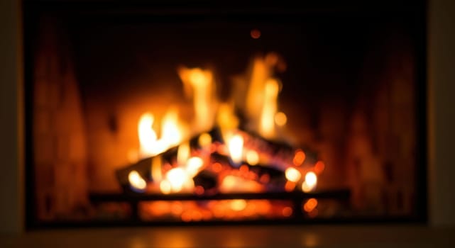 A blurred view of a warm fireplace with vibrant flames and glowing embers, perfect for creating a cozy, inviting atmosphere. ideal for home decor themes, holiday designs, and seasonal warmth concepts.