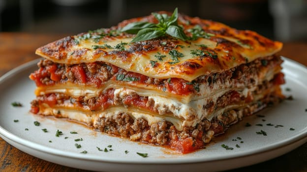 Delicious homemade lasagna slice on ceramic plate, rustic dining concept.