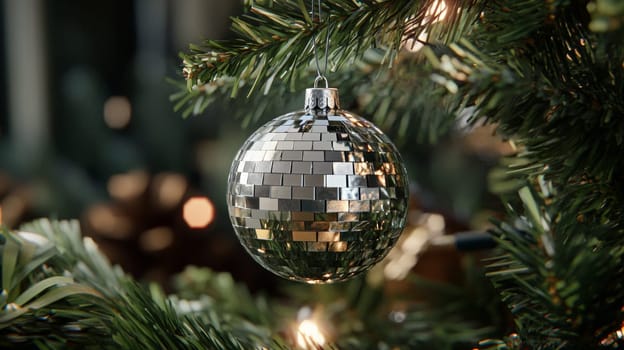 Christmas tree with disco ball ornament and lights, festive holiday decoration concept.