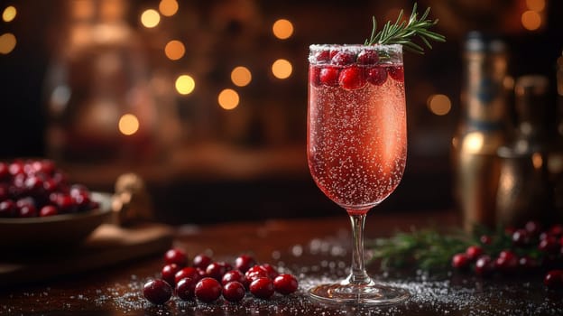 Festive cranberry cocktail with rosemary garnish on wooden table.