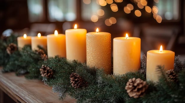 Row of lit candles with pinecones and evergreen garland, festive ambiance. Holiday decoration and cozy winter concept.