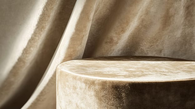 Beige velvet fabric and cylindrical podium, luxurious texture display.