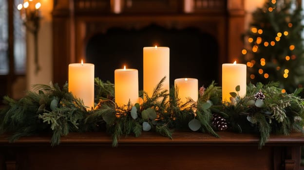 Christmas candles on decorated table, festive holiday atmosphere. Cozy winter celebration concept.