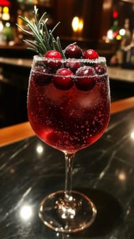 Cranberry cocktail with rosemary garnish in dimly lit bar, festive drink concept.