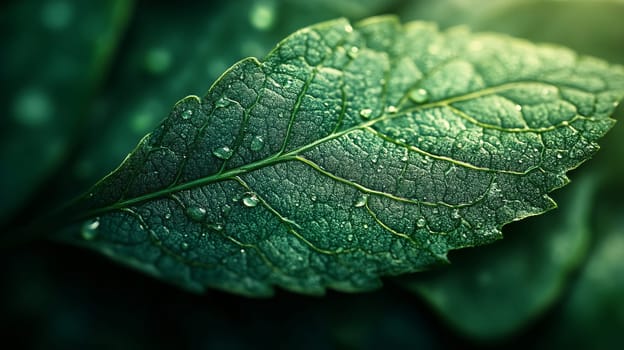 Close-up of green leaf with water droplets, nature detail. Botanical freshness and tranquility concept.