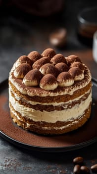 Tiramisu cake with cocoa powder on dark background, close-up view. Delicious dessert and gourmet concept.
