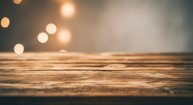 Warm bokeh lights softly illuminate a rustic wooden table, creating a cozy atmosphere. ideal for dining, interior design, and lifestyle concepts emphasizing natural textures and inviting settings.