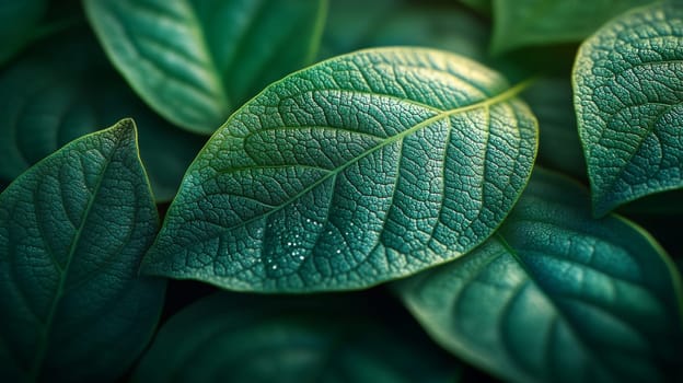 Close-up of green leaves with sunlight and dew, texture study. Nature and freshness concept.
